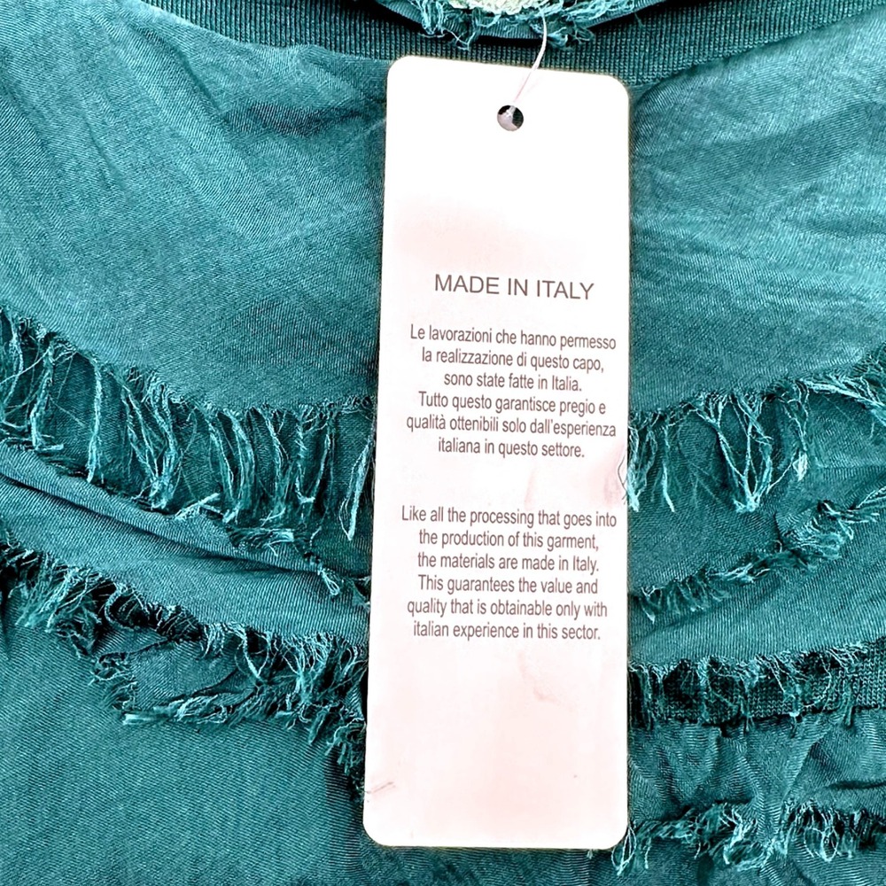 Made in Italy Silk Tiered Ruffle Dress Teal Green Sleeveless Cowl Neck Midi NWT - Picture 5 of 7